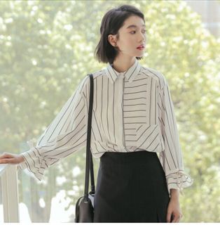 Women white coat striped shirt casual wear