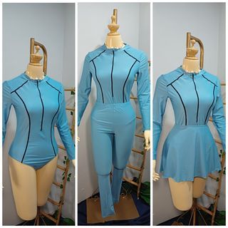 3in1 Swimwear One Piece Padded Rashguard  & Back Skirt & Swim Legging Pants (Medium) 3pc Full Body  Swimsuit  Blue