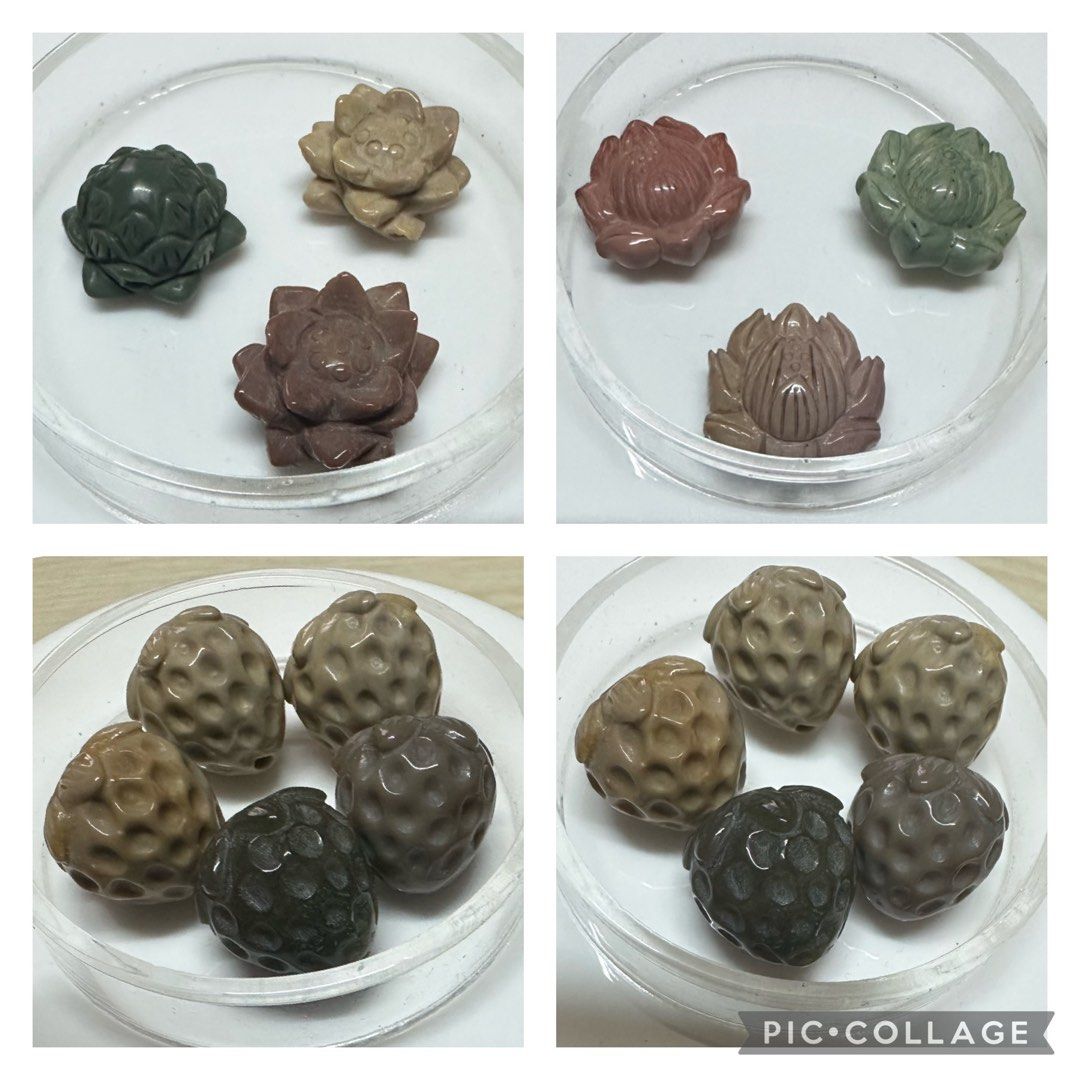 Alashan Agate Mini Charms (Category: Charms) located in Mandaluyong City. Submitted by vanic (Listing ID 1303830826, Image 1). Description: 1. Lotus - 220 each 2. Strawberry - 250 each 3. Koi Flower Ball - 180 each 4. Turtle Shell - 120 5. Gourd - 100 6. Croissant - 100 7. Shell - 100 8. Double Lotus - 120 9. Rose - 100 each 10. Maple Leaf - 200 11. Money Bag - 200 each 12. Butterfly - 220 each 13. Double Lotus - 280 14. Ruyi - 280.