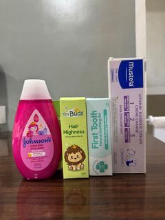 Baby essentials (shampoo, hair oil, tooth gel, diaper cream)
