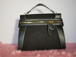Black velvet and leather pouch bag with extra sling
