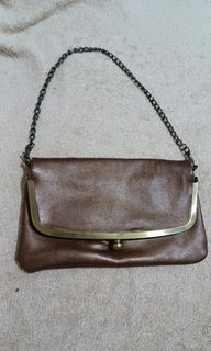 Brown leather Folded kisslock 2way clutch shoulder bag purse