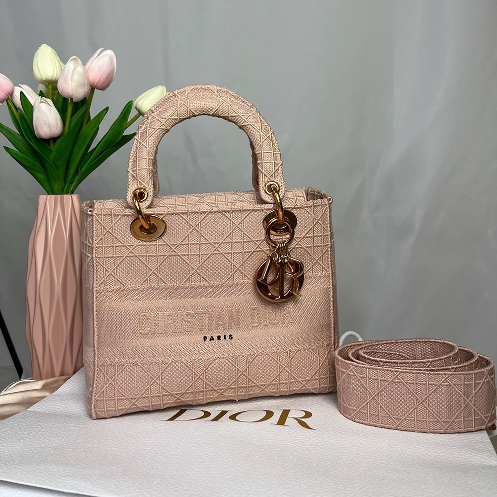CHRISTIAN DIOR Canvas Embroidered Cannage Medium Lady D Lite Pink Handbag AUTHENTIC Luxury Bags Wallets on Carousell