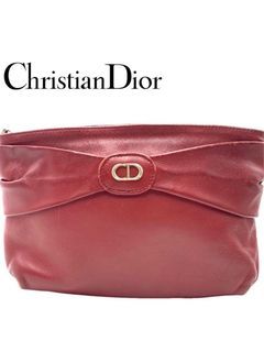 Christian Dior Red Ribbon Clutch Bag Second Bag Leather