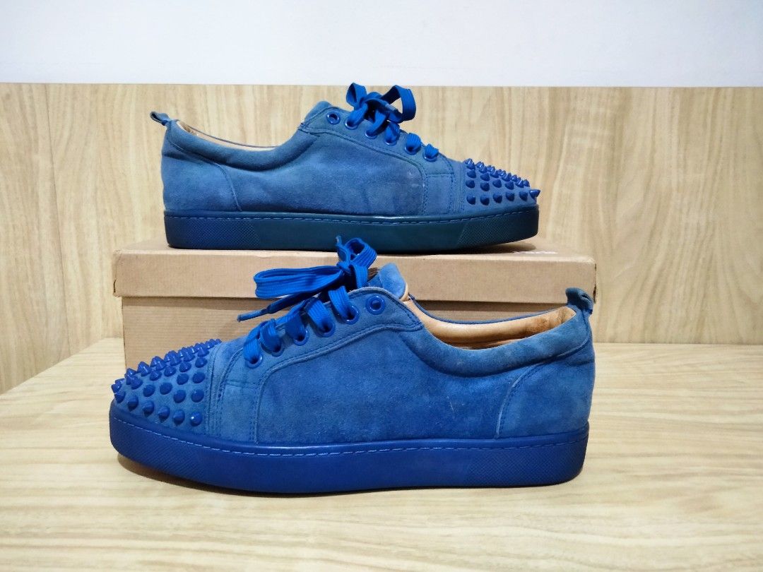 Christian Louboutin Junior Spikes Orlato Flat Blue Suede Sneakers Sepatu  Shoes