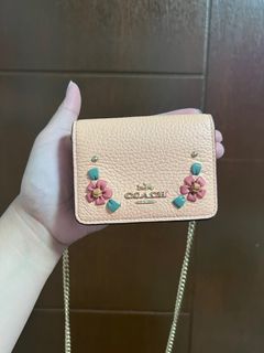 Original Coach Mini Wallet on Chain with Floral Whipstitch in Faded Blush Multi
