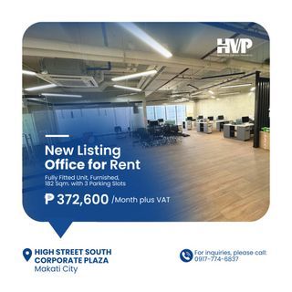 FOR RENT: High Street South Corporate Plaza- Fully Fitted Office, Furnished, 182 Sqm., 3 Parking Slots, BGC