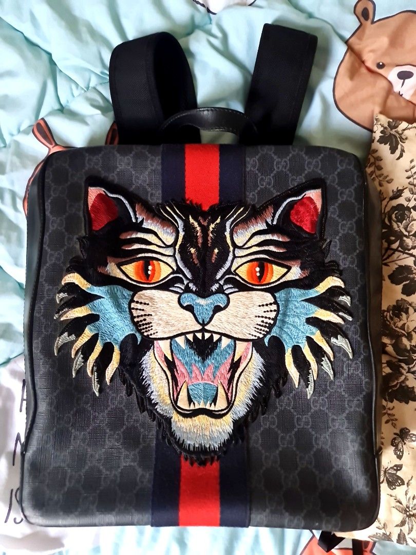 Gucci Black Grey GG Supreme Canvas Angry Cat Web Backpack Bag