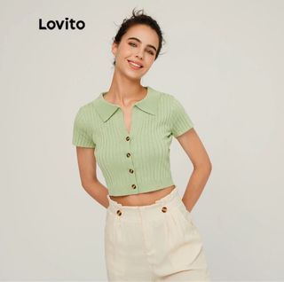 Lovito Knitted Crop Polo Top