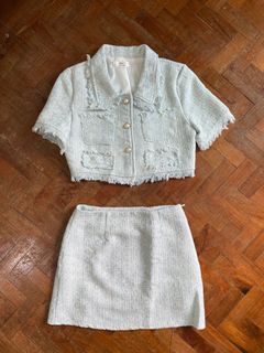 Light Blue & White Tweed Crop Top & Skirt Coords Set