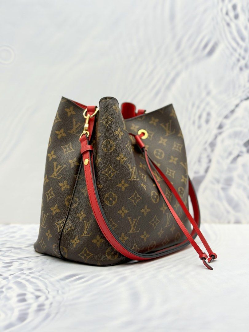 LOUIS VUITTON NEONOE MM BAG IN BROWN MONOGRAM CANVAS RED COWHIDE LEATHER