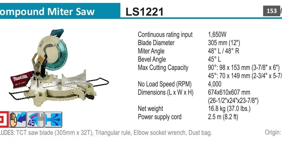 MAKITA LS1221 COMPOUND 12" MITER SAW (Category: Construction Tools & Equipment) located in Manila. Submitted by tonpornel (Listing ID 1303797506, Image 1). Description: Ton-Pornel Mercantile • We supply Powertools, Hardware tools, Plumbing, Paints, Electrical and Construction materials • We offer Paint Mixing and Powertools Repair Visit us: 38 Marcos Highway Mayamot, Antipolo City https://maps.google.com/?cid=1384230075759805792&entry=gps Store h