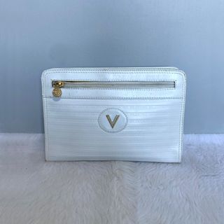 Mario Valentino Vintage White Logo Embossed Leather Clutch Bag