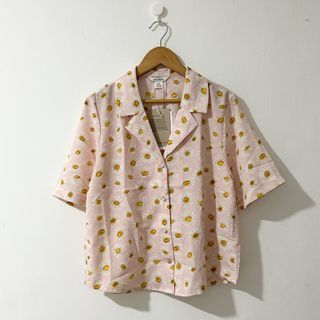 MONKI Pink Floral Buttondown Open Collar Loose Fit Resort Shirt Top