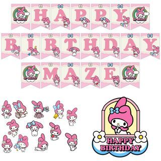 My Melody Theme Birthday Party Banner Cupcake Cake Topper Decoration Personalized