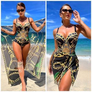 One Piece Swimsuit & Beach Cover up Skirt  (Medium) Push up pads 1pc & Cover up Black Chain Print 2pc