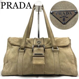 PRADA One Shoulder Triangle Logo Suede Beige Belt Handbag