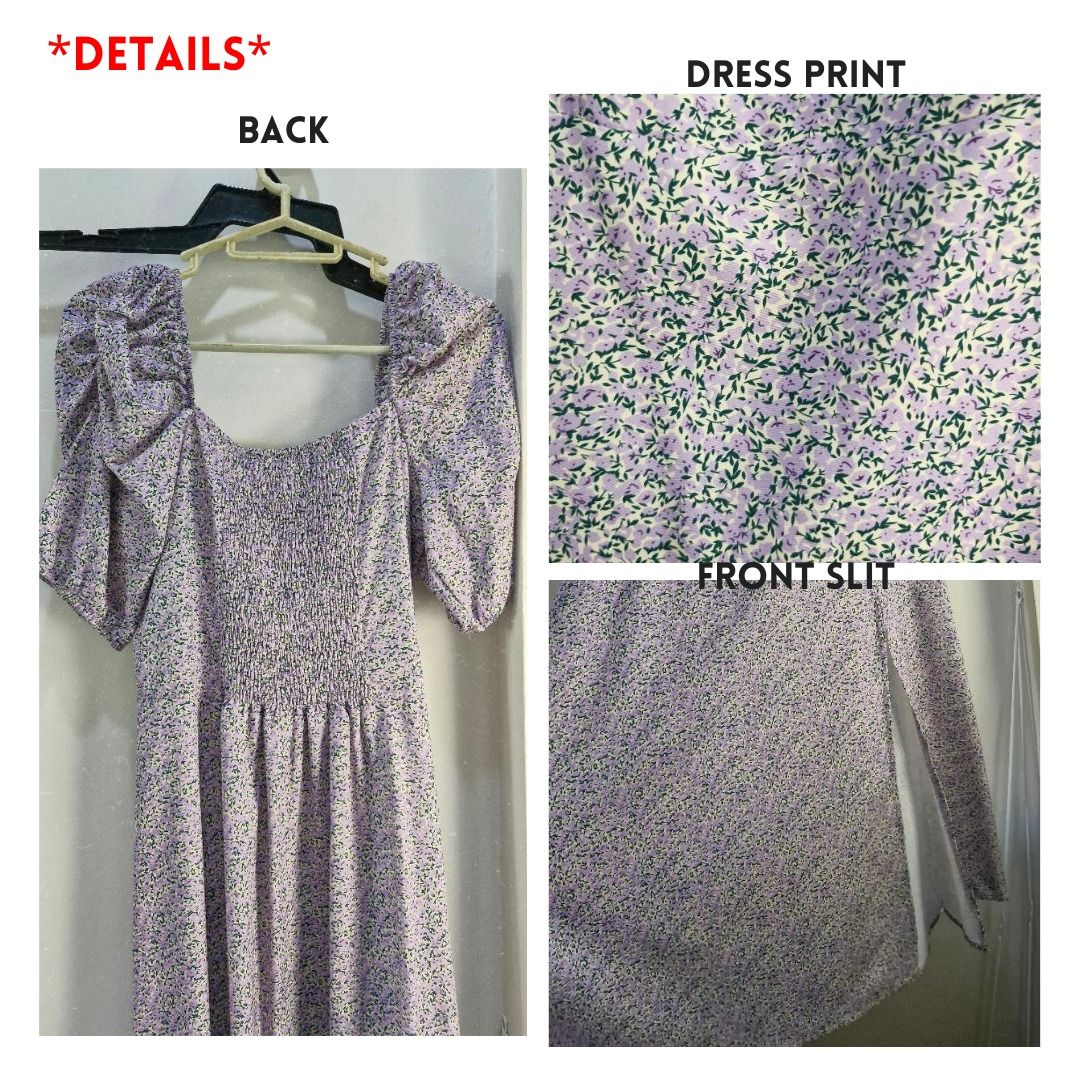 Purple Floral Dress (Category: Dresses) located in Paranaque City. Submitted by stylemates (Listing ID 1303790956, Image 3). Description: Please read terms and conditions on the last photo. Last price posted. ~Linen chiffon blend cloth, soft comfy ~Shirred back, adjustable comfortable to wear ~Puff elastic sleeves & square neck ~Side split design to enrich elegance • Bust: 82cm ~ 86cm • Waist: 74cm ~ 78cm • Hips: 106cm ; Length: 100cm *please all