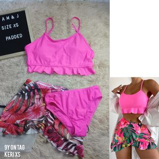 SHEIN HOT PINK TROPICAL SKIRT 3IN1 SWIMSUIT