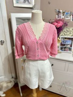 Taffy pink crochet 3/4-sleeved blouse with lace details