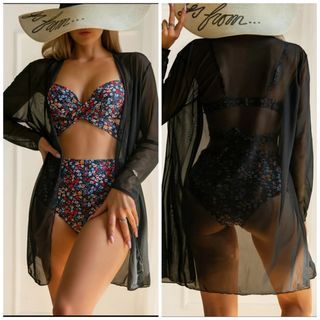 Two Piece Swimsuit & Beach Kimono (XL) Push up Pads & High Waist Bikini & Mesh Cover up Kimono 3pc Swimwear
