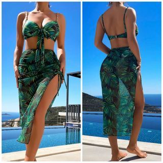 Two Piece Swimsuit & Beach Skirt Cover up (Small) 3in1 Push up pads Chain Linked Strap, Bikini & Skirt Green  Tropical print