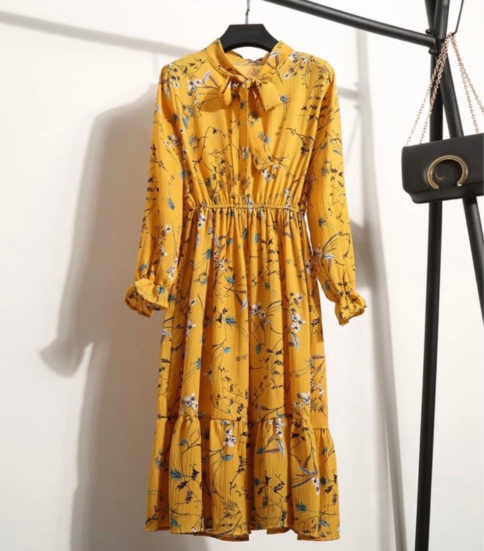 Vintage midi dress ruffle korean flower long sleeve yellow dress bunga ...