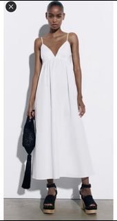 Zara Gabardine Cotton White Midi Dress