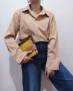 2 FOR 500 - BROWN BUTTON DOWN LONG SLEEVES BLOUSE WITH COLLAR XL 042401