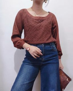 2 FOR 500 - CHIC REDDISH BROWN LONG SLEEVES OFFICE BLOUSE WITH LACE DESIGN SMALL 042401