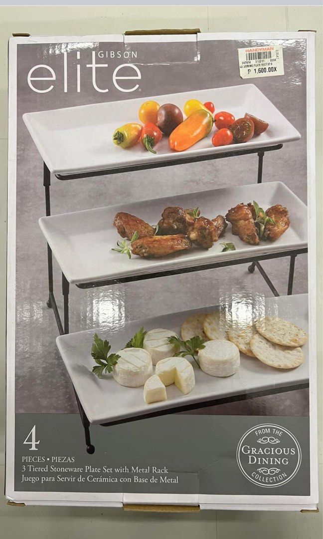 3 Tiered Stoneware Plate Set with Metal Rack (Category: Cookware & Accessories) located in Makati City. Submitted by andeng28 (Listing ID 1303998897, Image 1). Description: 3 Tiered Stoneware Plate Set with Metal Rack Original Price: 1,600 Selling Price: 1,000.