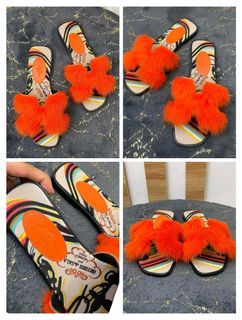 💜 Hermes Orange Fur Oran  Mink Flat Sandal Size 38
