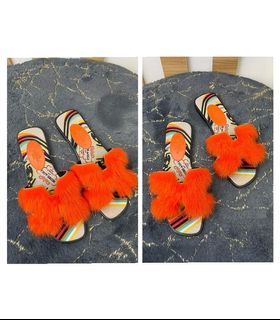 💋 Hermes Orange Fur Oran Minkb Flat Slides Size 38