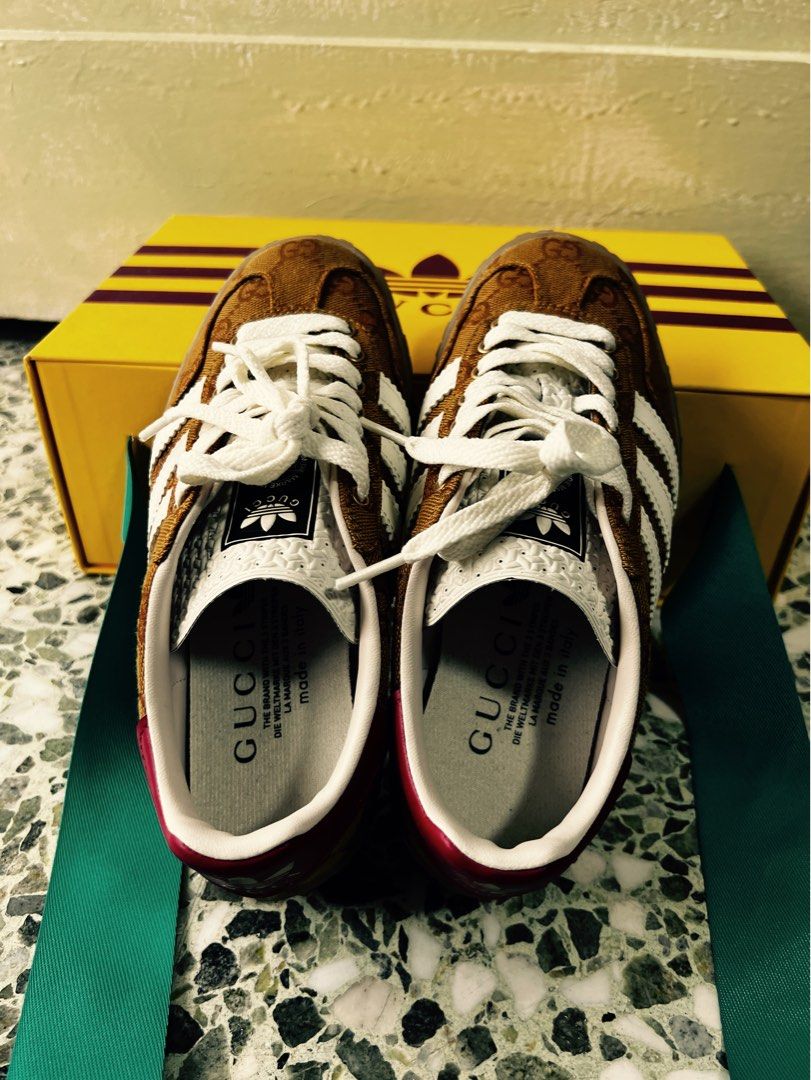 adidas gazelle silver green womens Gucci Adidas Red & White Gazelle Sneakers – Savonches main image 1