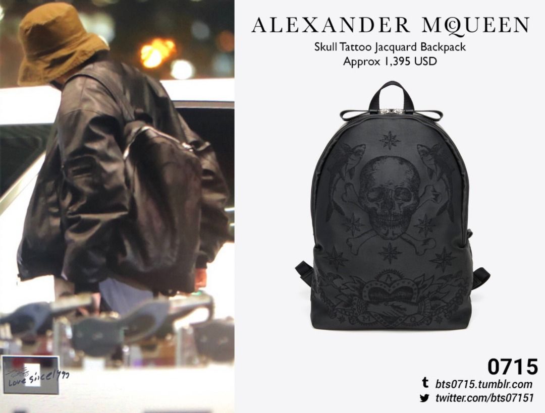 ALEXANDER MCQUEEN - LEATHER SKULL TATTOO JACQUARD BACKPACK (Category: Backpacks) located in Bulacan. Submitted by kaizen2023 (Listing ID 1304003909, Image 2). Description: ALEXANDER MCQUEEN - LEATHER SKULL TATTOO JACQUARD BACKPACK - Also seen wearing by BTS Jungkook Dimensions: Height: 18" Width: 16" Depth: 6.5" Color: Black Condition: Excellent Condition, good as new (10/10) Made in Italy SRP: 1395 USD - ☑ Legit/Authentic ☑ Actual photos posted 