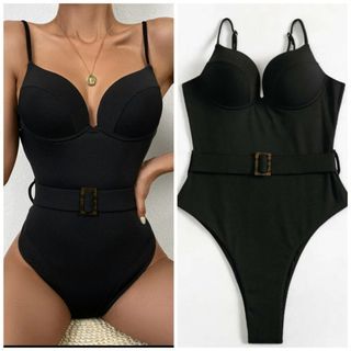 Black One Piece Swimsuit (Small) Push up pads  Belted Swimwear Black Rib Knit  Sexy