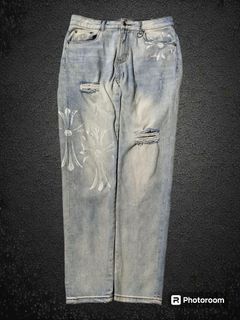 Chrome Hearts Handpainted Cemetery Cross Distressed Jeans