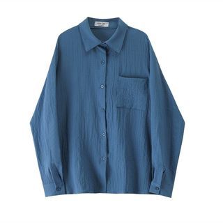 Dusty Blue Frenchy Oversize Solid Color Button Detail Loose Casual Shirt