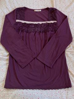 Elle Planette Lilac Purple Plum Lace Long Sleeves Tulle Princess Casual Solid Tops