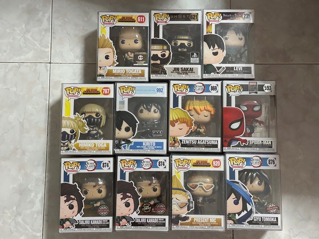 funko (Category: Toy Figures) located in Singapore. Submitted by 297thone88 (Listing ID 1303931339, Image 1). Description: Selling my collection in the past. Selling them as clearing space 👍🥲 Price listing : ⬇️ Row 1 611 MHA Mirio togata : $40 621 GOT Jin Sakai : $28 235 AOT Levi : $35 Row 2 787 MHA Toga : $20 992 SAO Kirito : $50 869 DS zenitsu : $25 593 Spider-Man : $35 Row 3 874 DS Tanjiro with Chase set “both” : $150 920 MHA present Mic : $