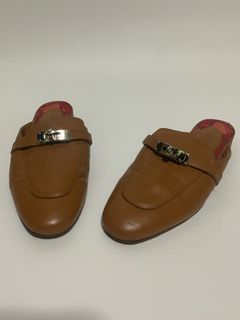 Hermes Brown Leather Palladium Plated Oz Mules