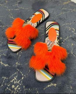 Hermes Orange Fur Oran Flat Slides Size 38