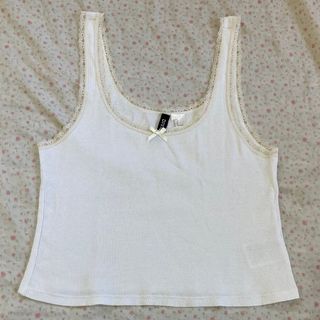 H&M Lace Trimmed Size M Ribbed Crop Tank Top With Ribbon Coquette Dollete