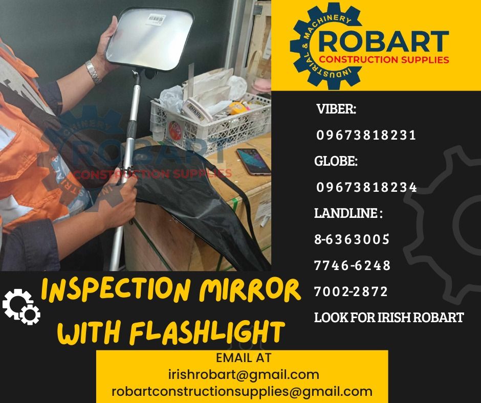 Inspection mirror With flashlight (Category: Construction Tools & Equipment) located in Manila. Submitted by irishrobart_22 (Listing ID 1303965673, Image 1). Description: Inspection mirror With flashlight SEND US MESSAGE FOR INQUIRIES ‼️‼️ LOOK FOR IRISH ROBART VBR : 0 9 6 7 3 8 1 8 2 3 1/ 0 9 6 7 3 8 1 8 2 3 4 LANDLINE 8-6 3 6 3 0 0 5 / 7 7 4 6 -6 2 4 / 7 0 0 2-2 8 7 2 GMAIL: I R I S H R O B A R T @ G M A I L . C O M Office Address: 1405 Yuseco 