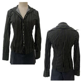 NEW ARRIVAL!!! Authentic and Elegant Classy Stylish Formal Corporate Black Yellow Green Stripes Slim Fit Sexy Bodycon Button-Down Long Sleeves Polo Blouse Top (Women's)