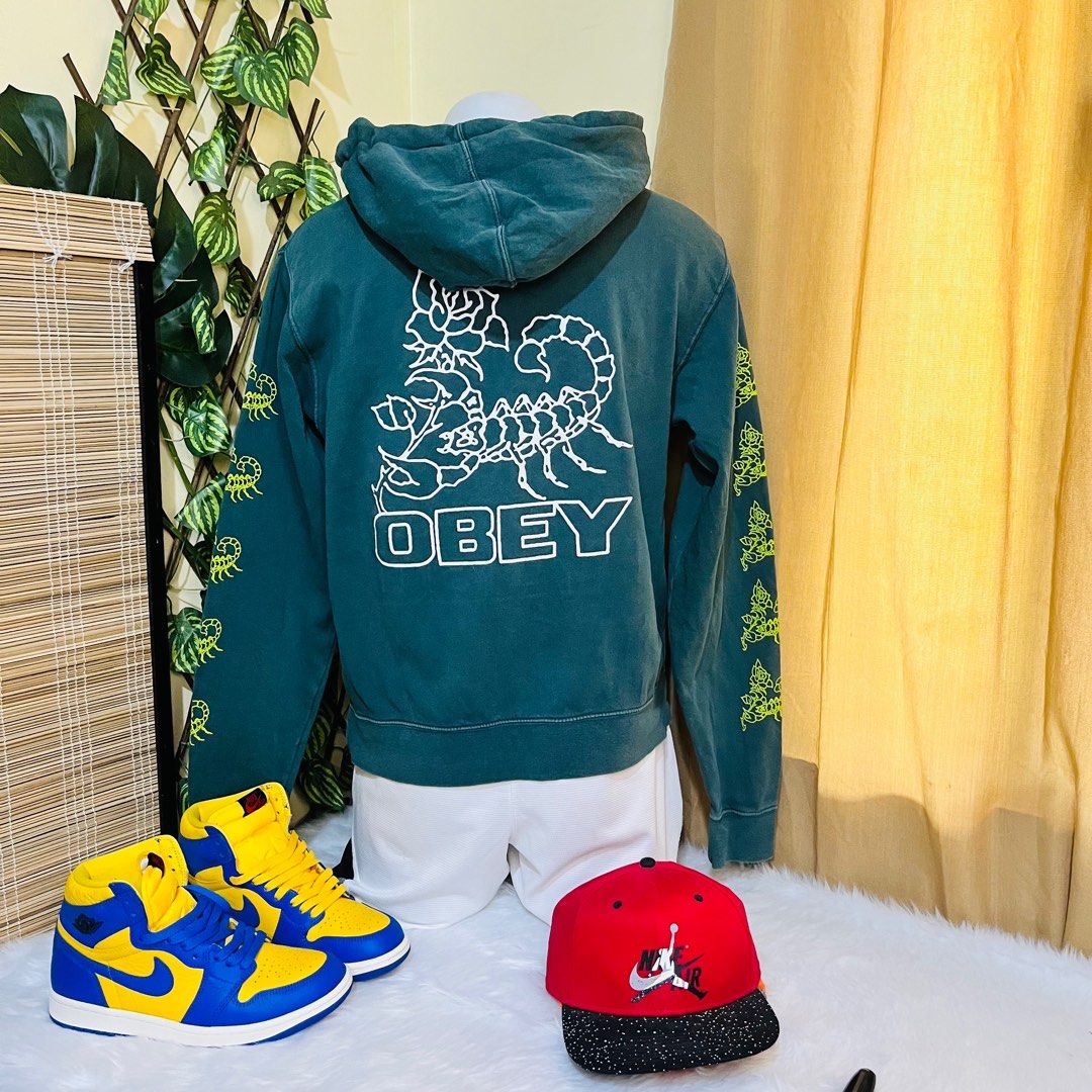 OBEY WORLDWIDE PULLOVER SWEATSHIRT HOODIE JACKET VINTAGE BLUE GREEN LARGE 23x25