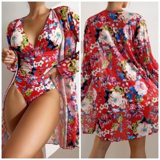 One Piece Swimsuit & Beach Kimono (Large) Padded Ruched 1pc & Cover up Red Floral print 2in1 Swimwear