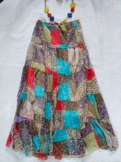 patchwork smocked chiffon halter dress/skirt with beaded straps