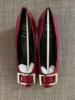 SALE! Authentic Roger Vivier Paris Trompette Pumps High Heels with Gold buckle Patent Red Sz 37