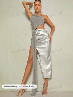 SHEIN BAE One Shoulder Draped Split Thigh Silver Dress